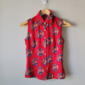 Vintage Red Sleeveless Blouse Embroidered Satin Button Down Top Size XS